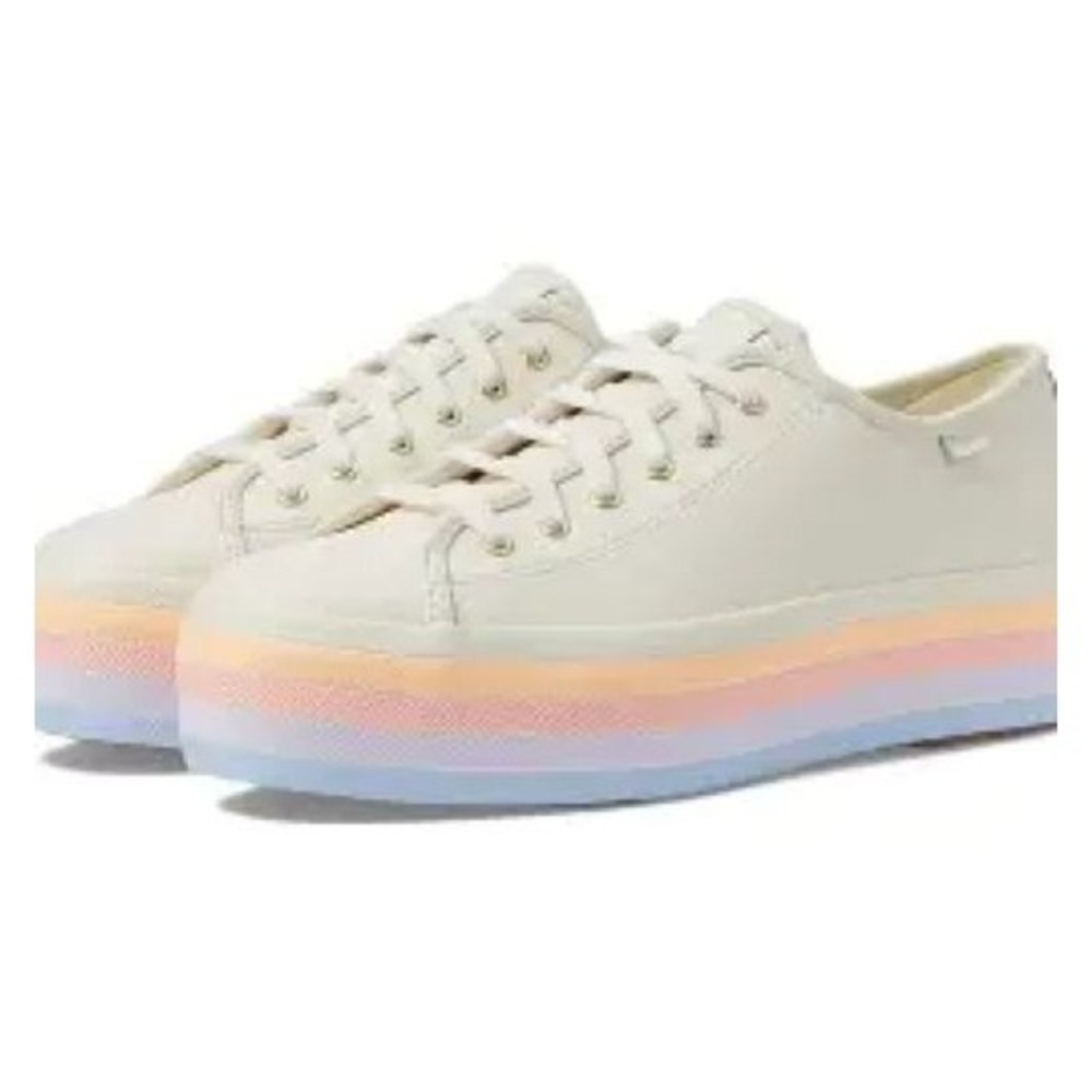 Keds Multi LGBT RAINBOW Stripe Beige Leather Platform Women 9.5 Sneaker WH67845